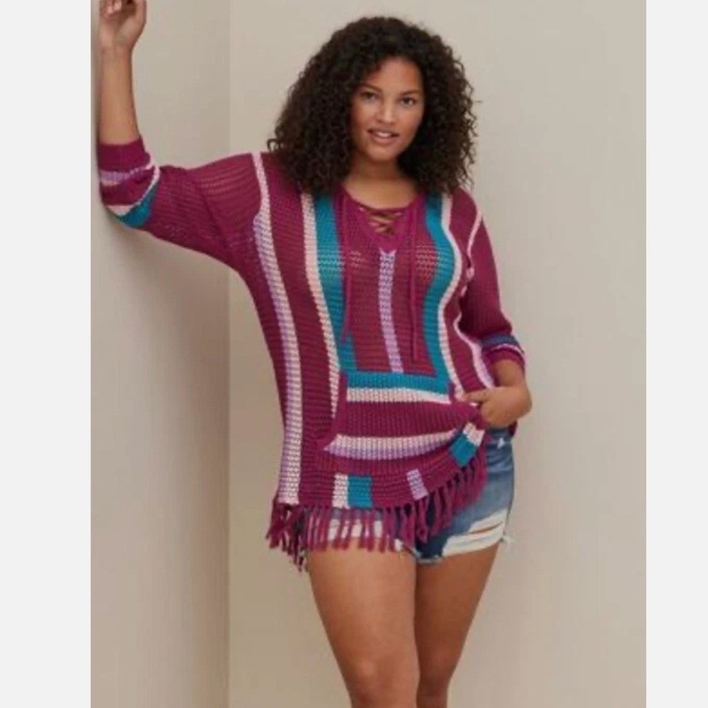 Torrid Boho Striped Crochet Open Knit Fringe‎ Sweater Lace Up V-Neck Plus Size 3